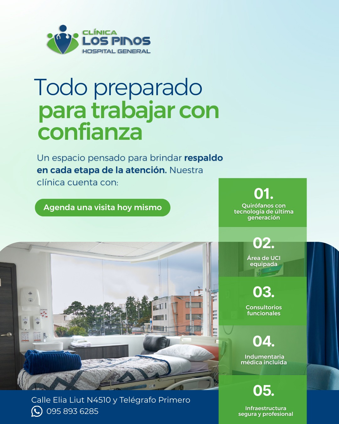 Habitaciones de hospitalización y área de cuidados intensivos UCI para cirugía general en Quito.