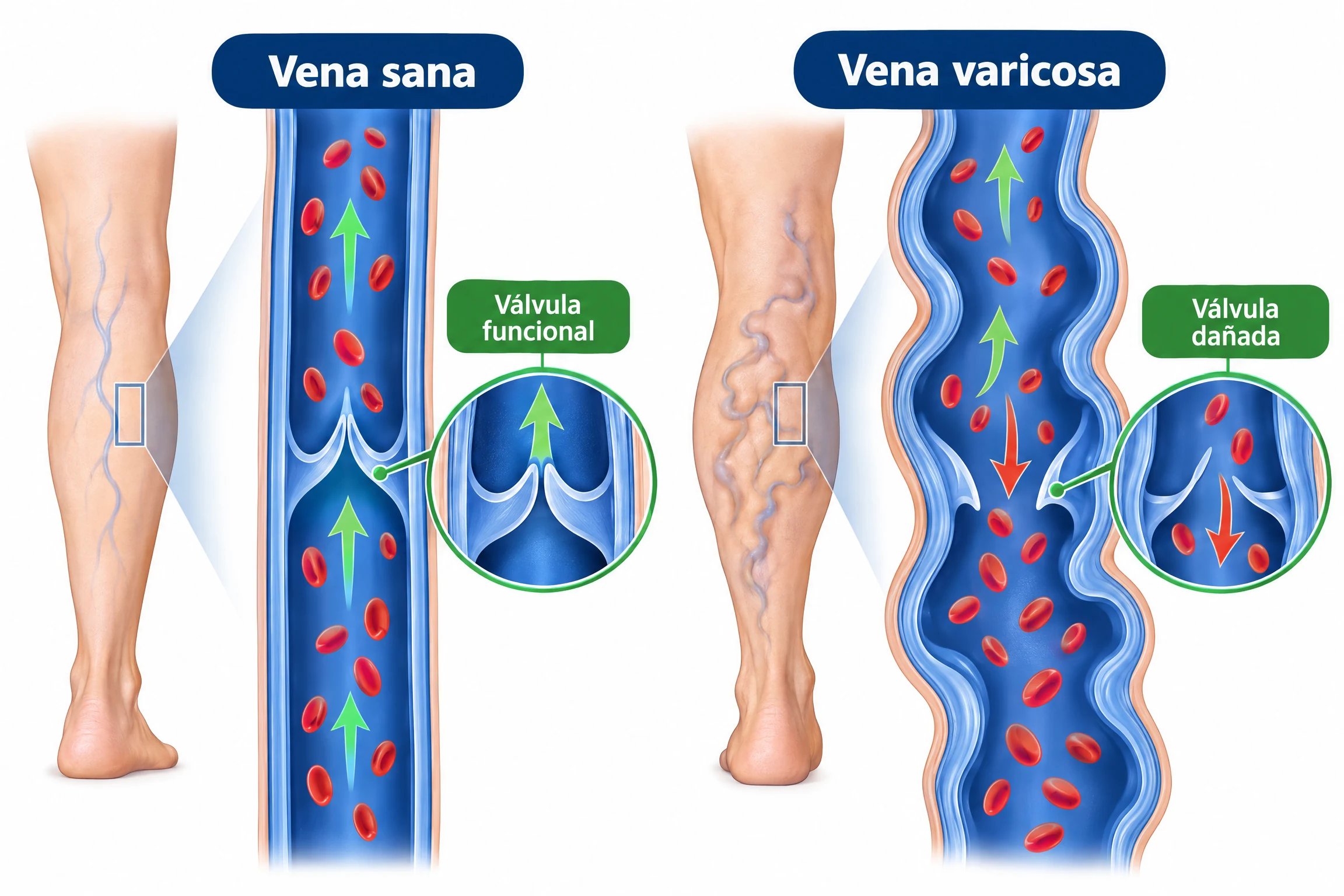 Diagrama de vena sana versus vena varicosa con válvula dañada