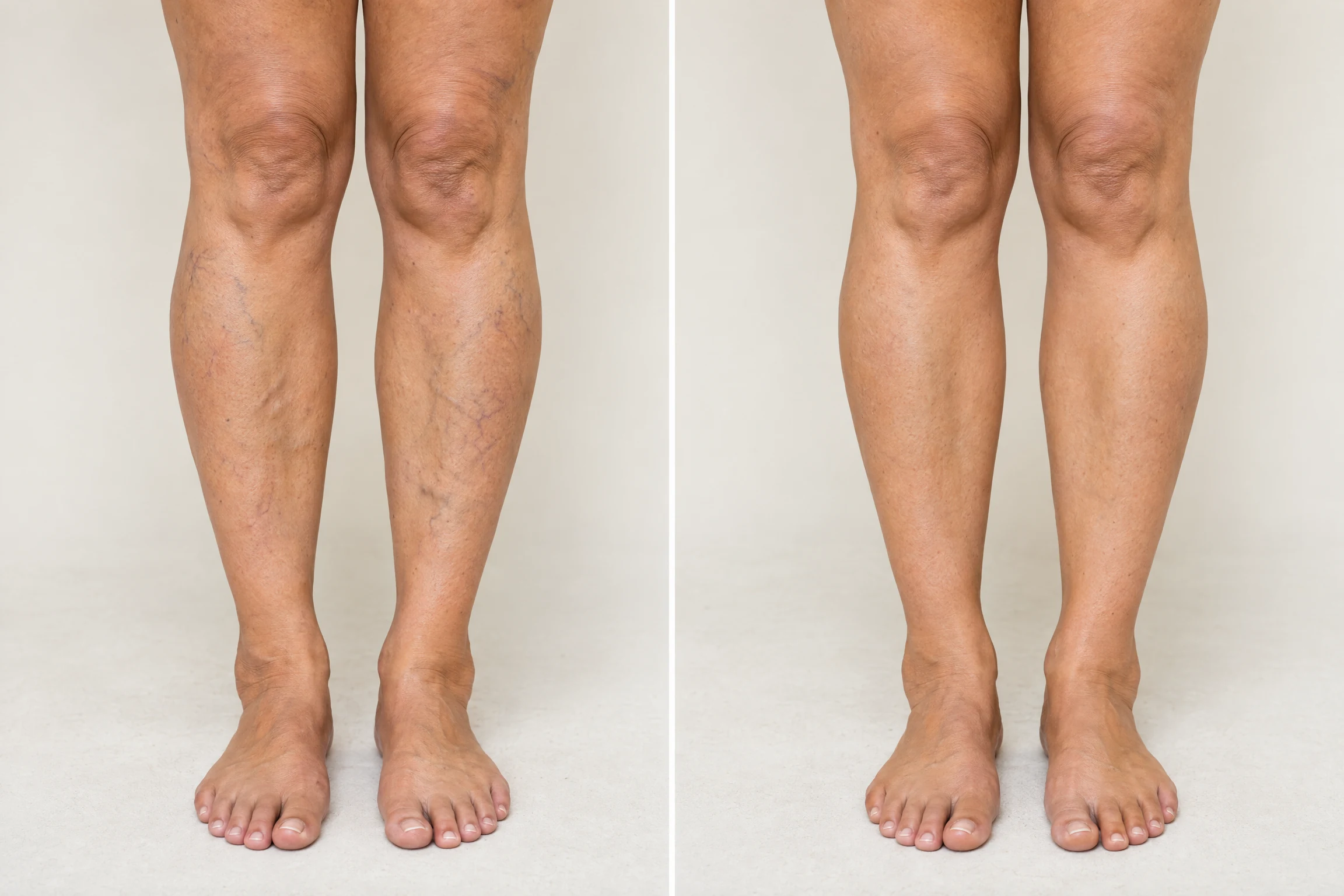 Resultados antes y después de escleroterapia, piernas sin varices
