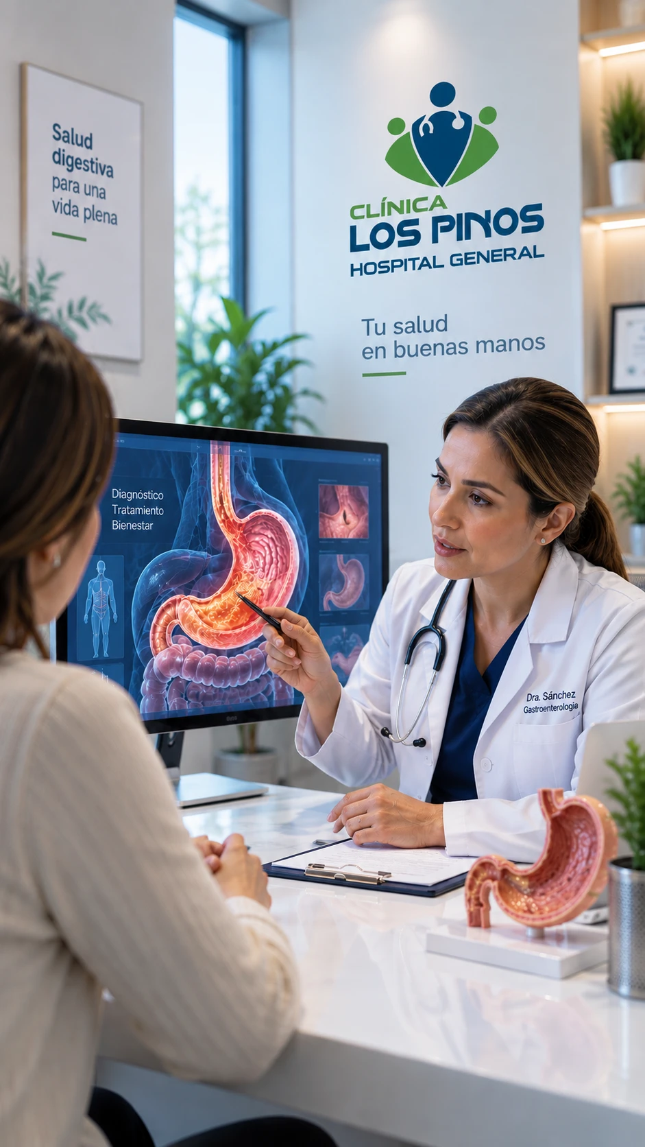Dra. Sánchez de Gastroenterología en Clínica Los Pinos explicando el sistema digestivo a una paciente