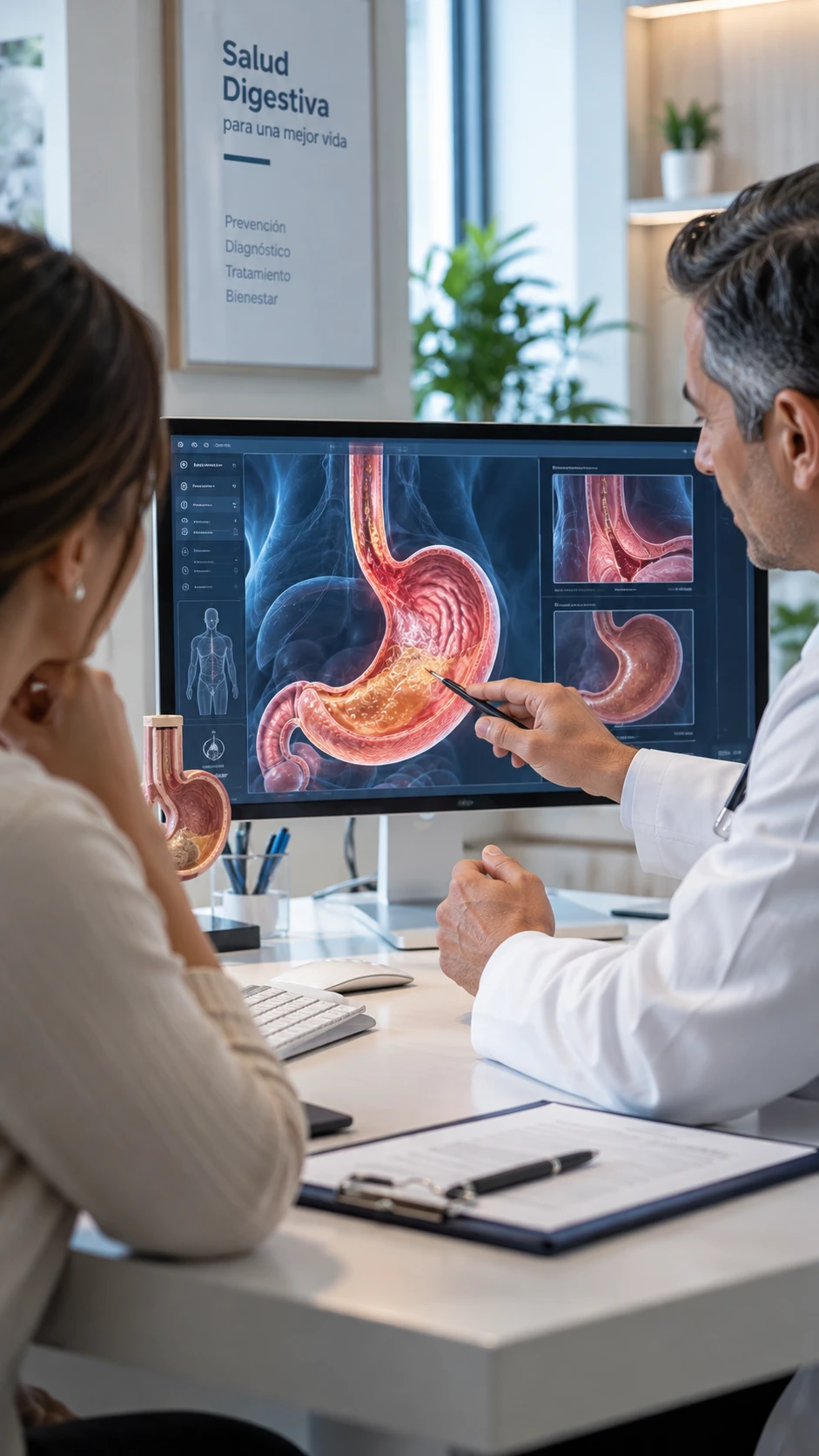 Médico gastroenterólogo explicando resultados de endoscopia a paciente en Clínica Los Pinos