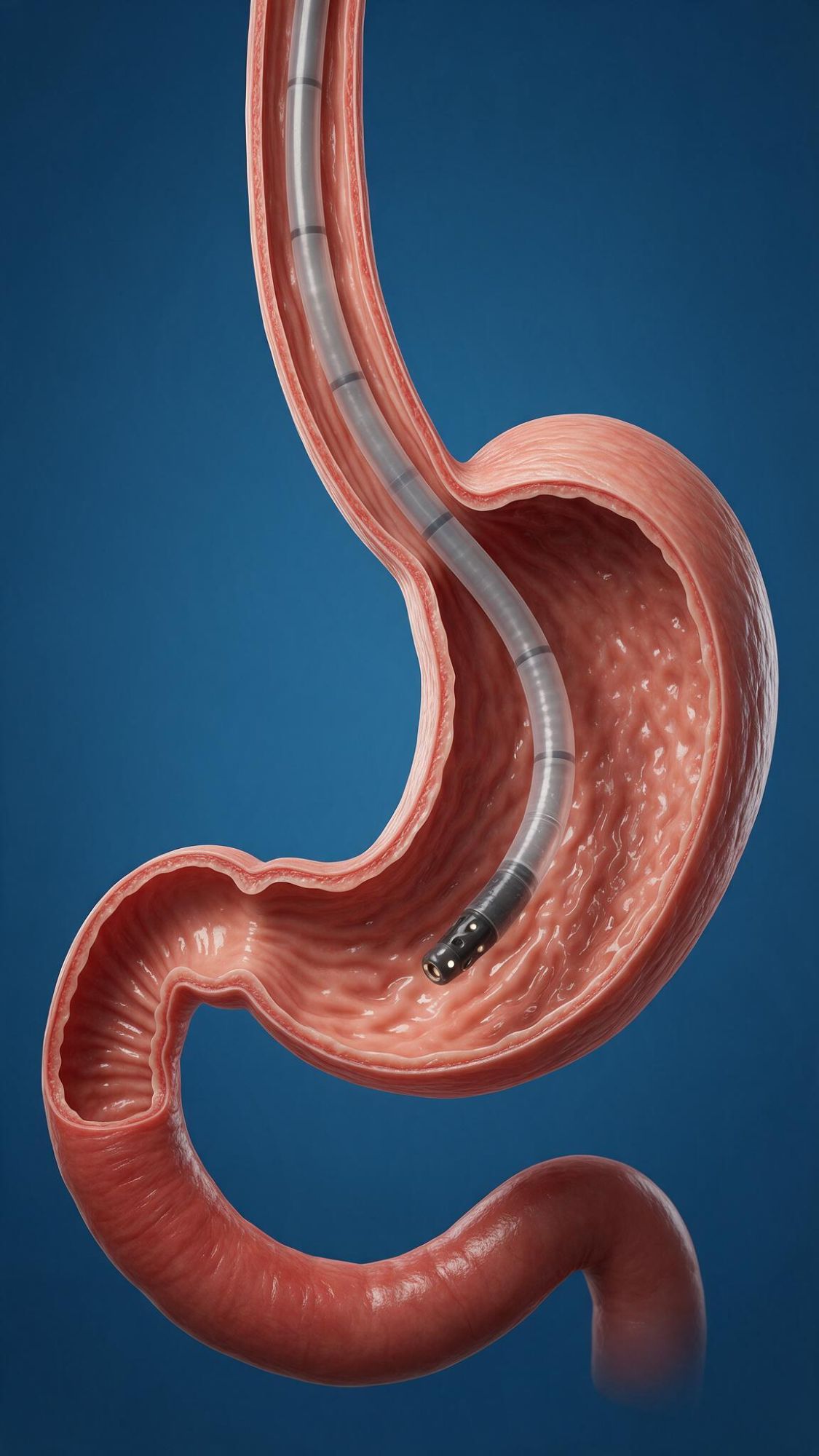 Endoscopio ingresando al estómago durante una endoscopia digestiva, vista de la cámara